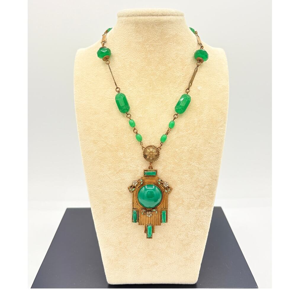 Mid‑Century Deco-Revival Necklace w/ Green Glass Cabochon & Enamel Floral Accent